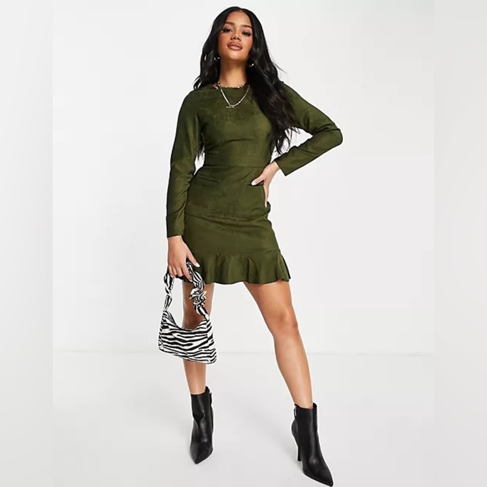 NWT! ASOS Trendyol Ruffle Hem Mini Dress in Khaki size M EU38